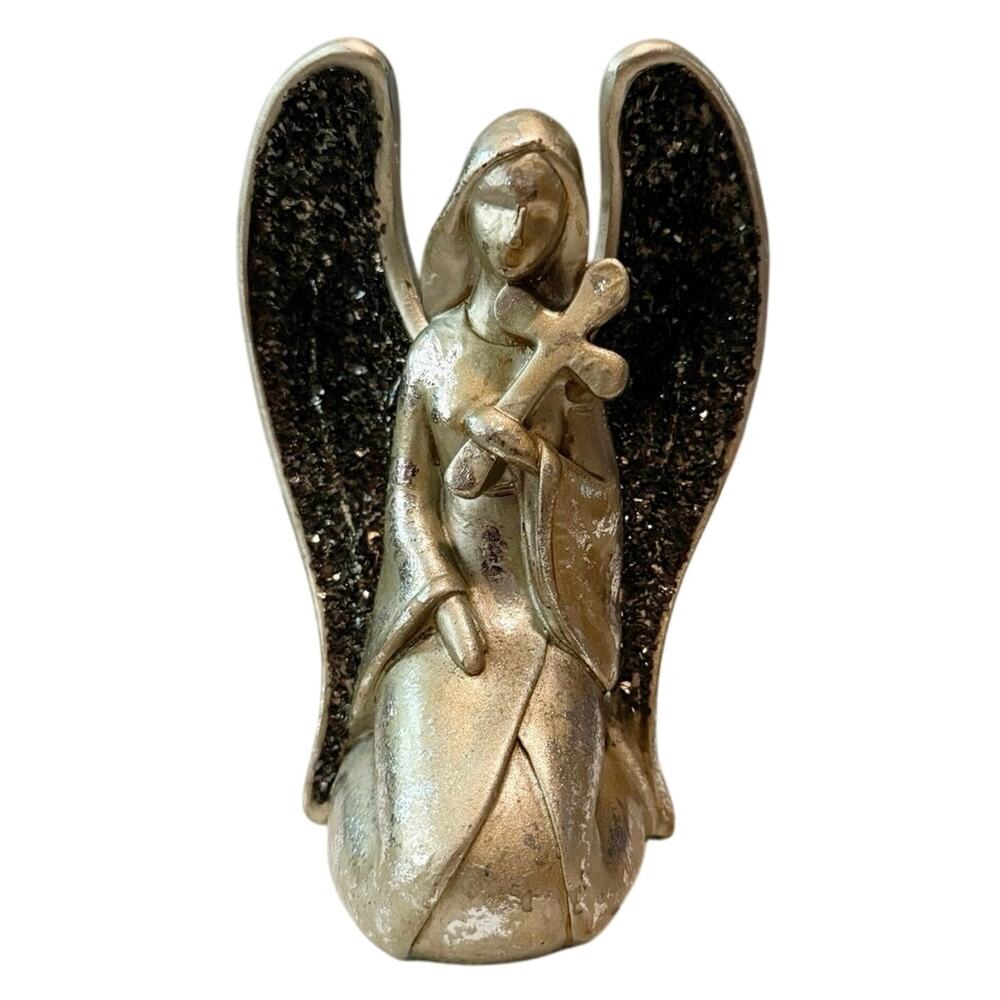 Vintage Giftcraft Resin Angel • 5.5” • Black Glitter Wings • Kneeling with Cross